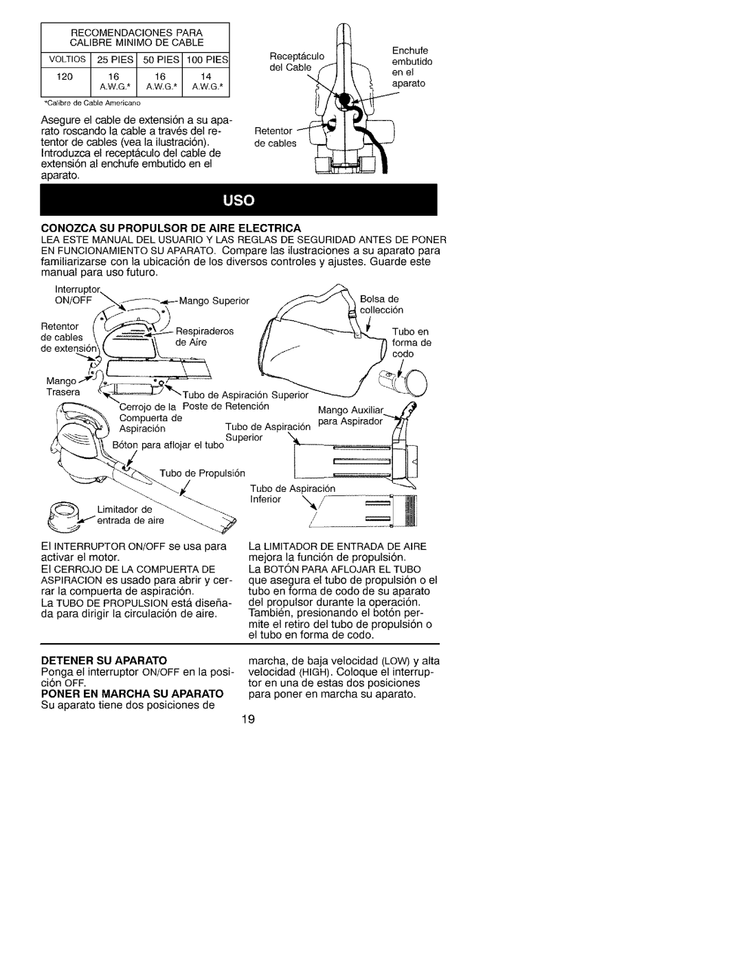 Craftsman 79939 manual Conozca SU Propulsor DE Aire Electrica, Detener SU Aparato, Poner EN Marcha SU Aparato 