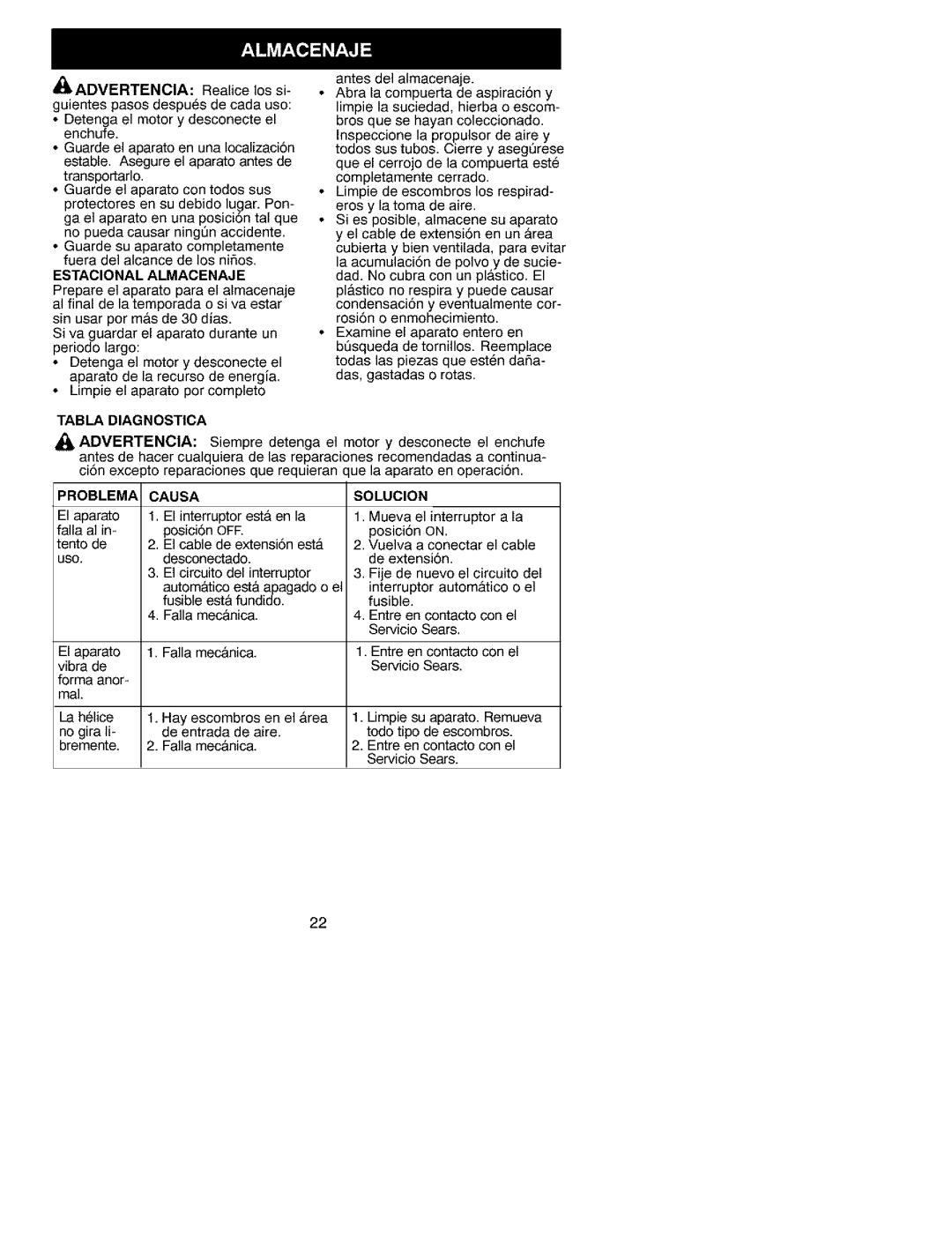 Craftsman 79939 manual Estacional Almacenaj E, Tabla Diagnostica, Problema Causa, Solucion 