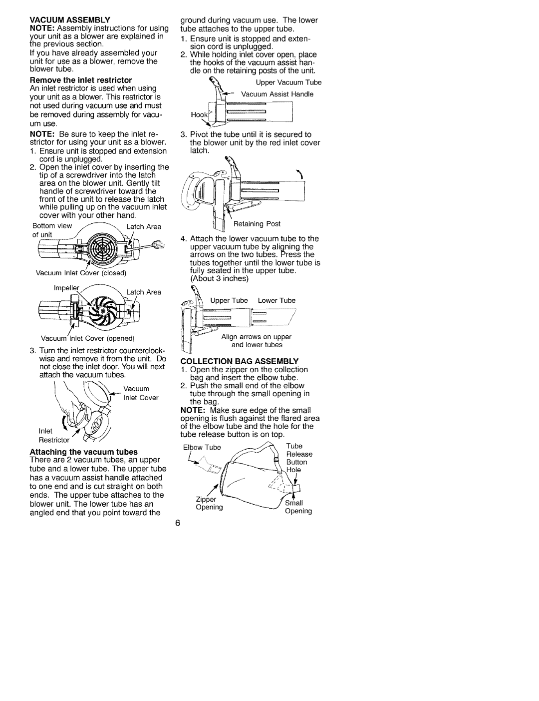 Craftsman 79939 manual Vacuum Assembly, Remove the inlet restrictor, Collection BAG Assembly, Attaching the vacuum tubes 