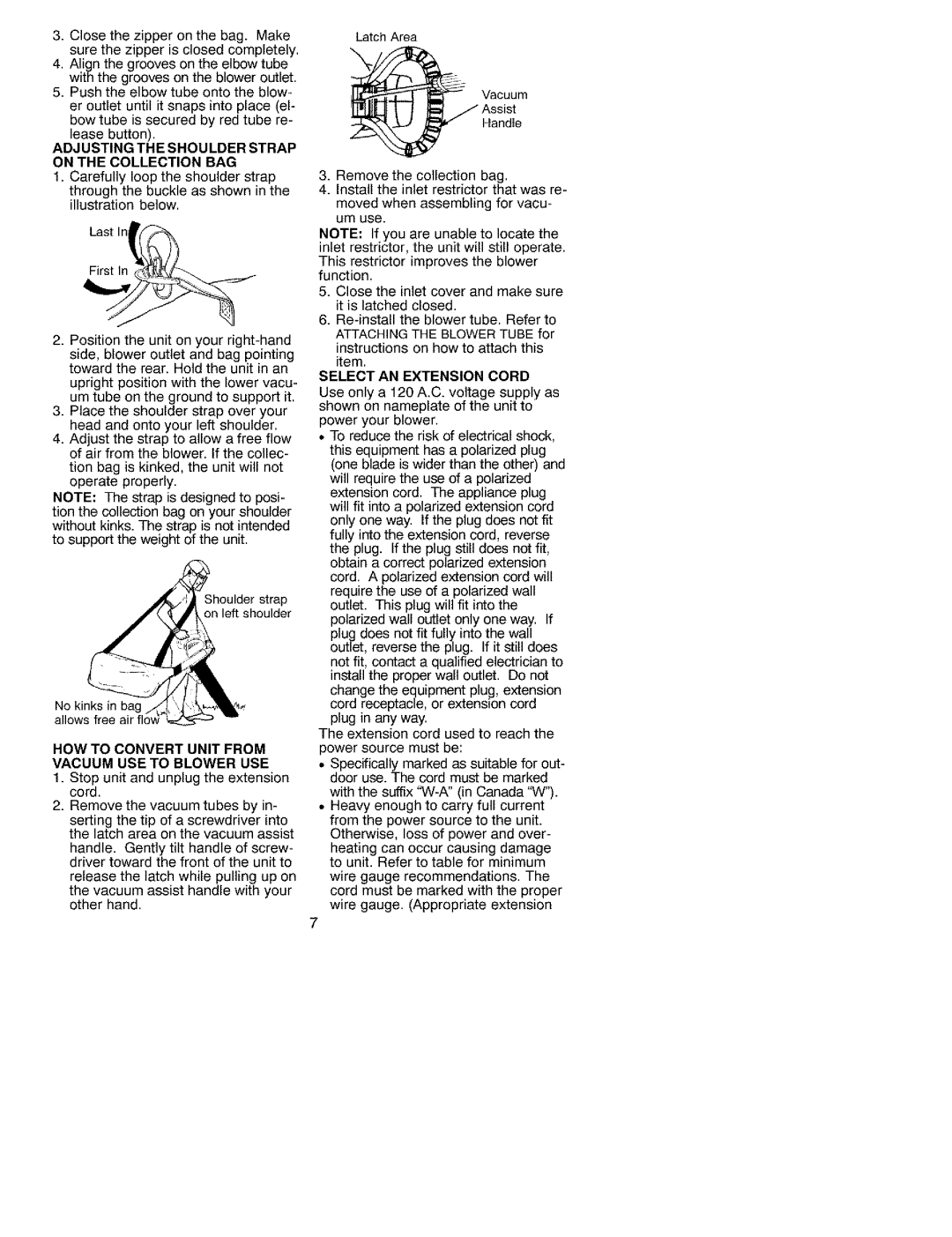 Craftsman 79939 Adjusting the Shoulder Strap on the Collection BAG, HOW to Convert Unit from Vacuum USE to Blower USE 