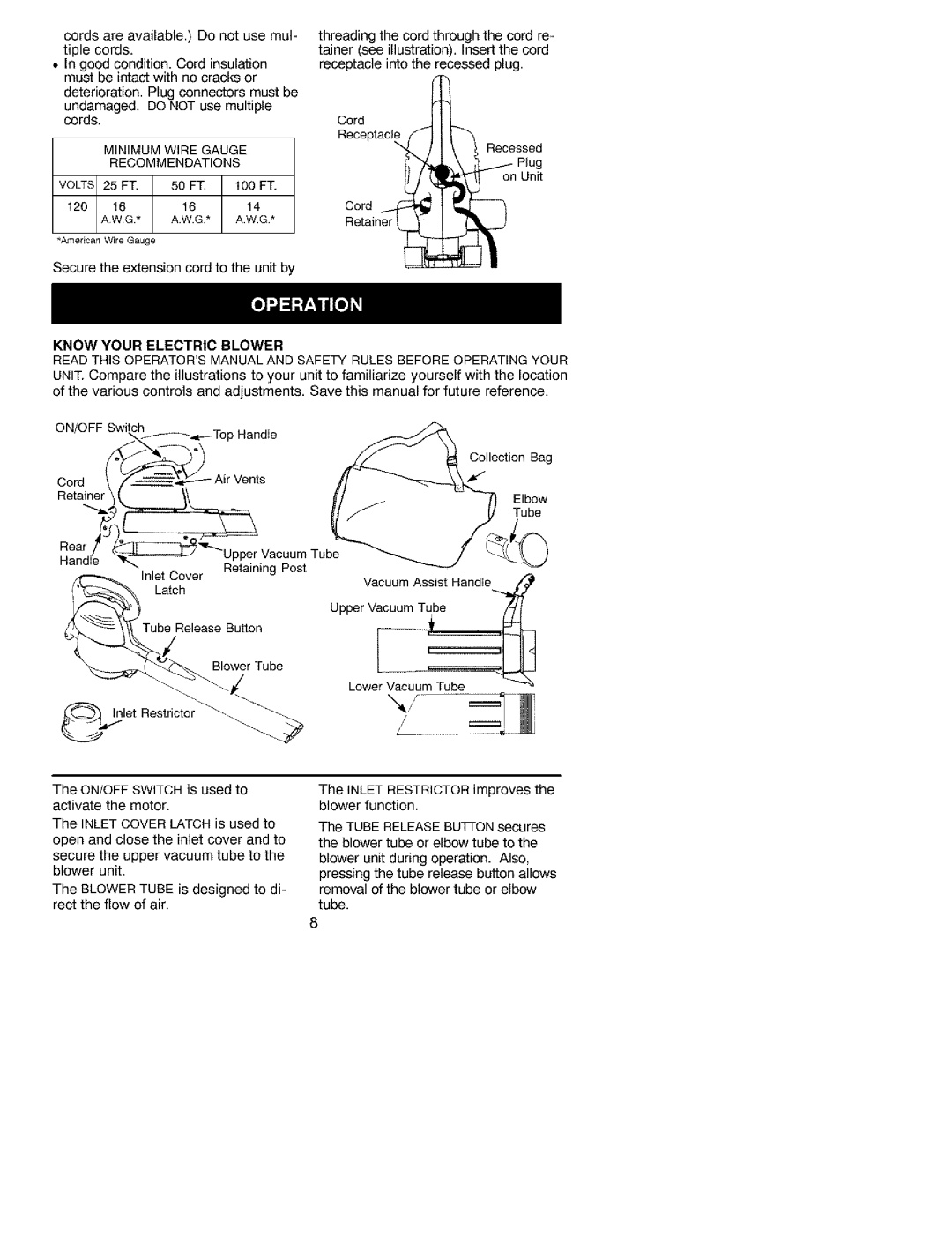 Craftsman 79939 manual Minimum Wire Gauge Recommendations Volts 25 FT, Know Your Electric Blower 