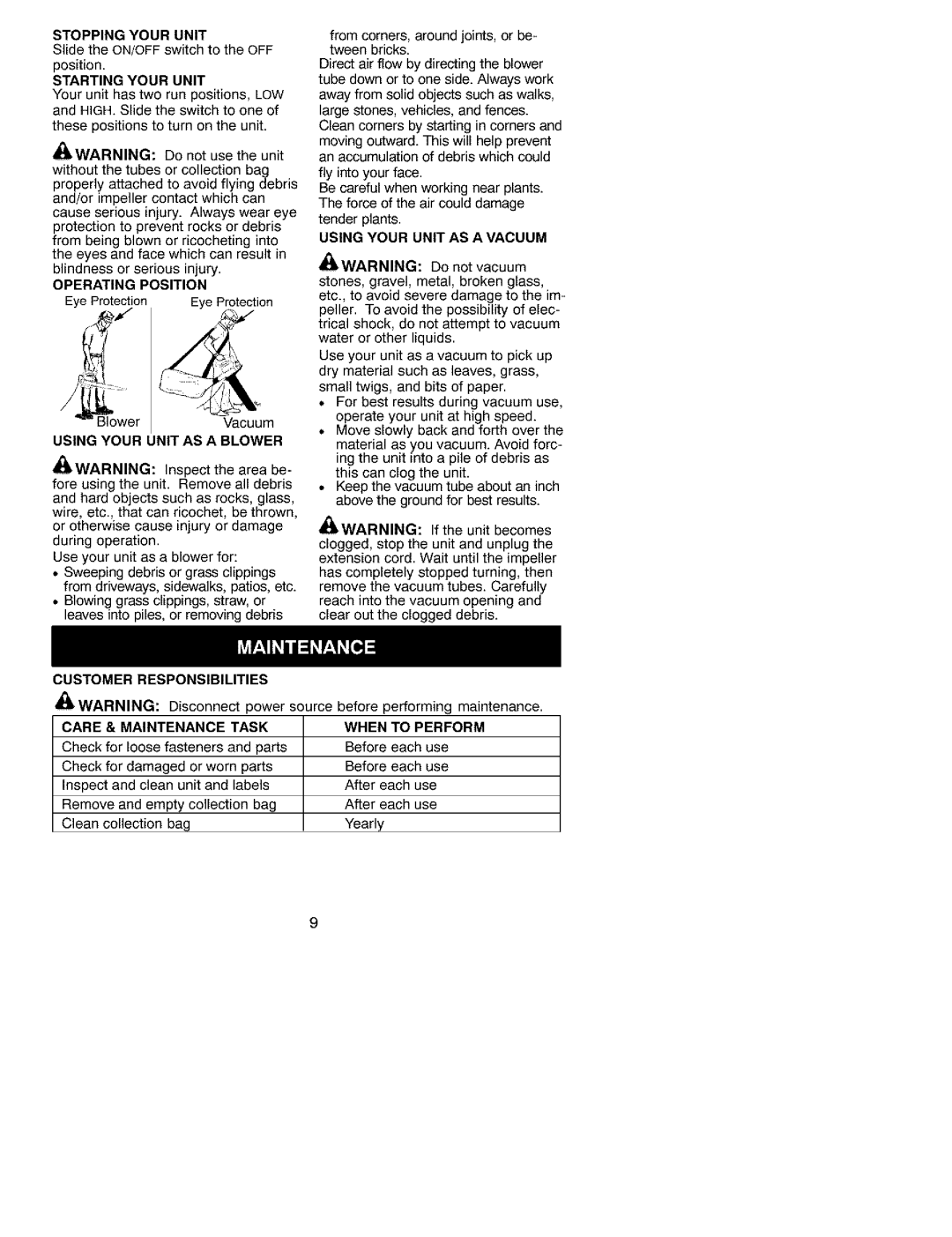 Craftsman 79939 manual Stopping Your Unit, Starting Your Unit, Using Your Unit AS a Blower, Care & Maintenance Task 