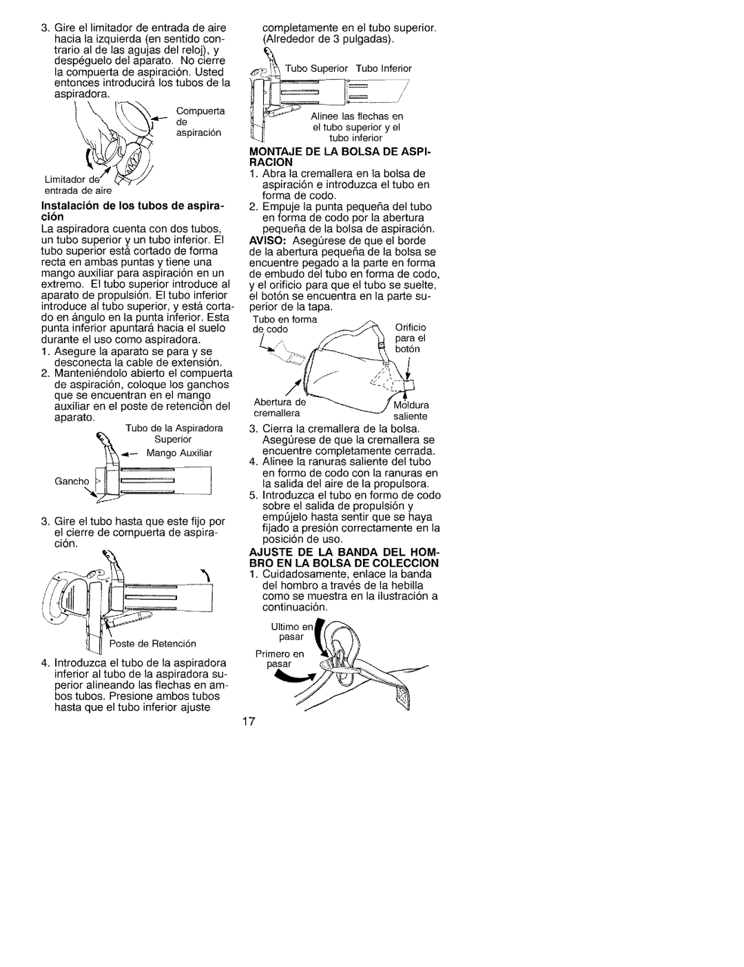 Craftsman 79939 manual Instalacion de los tubos de aspira- cion 