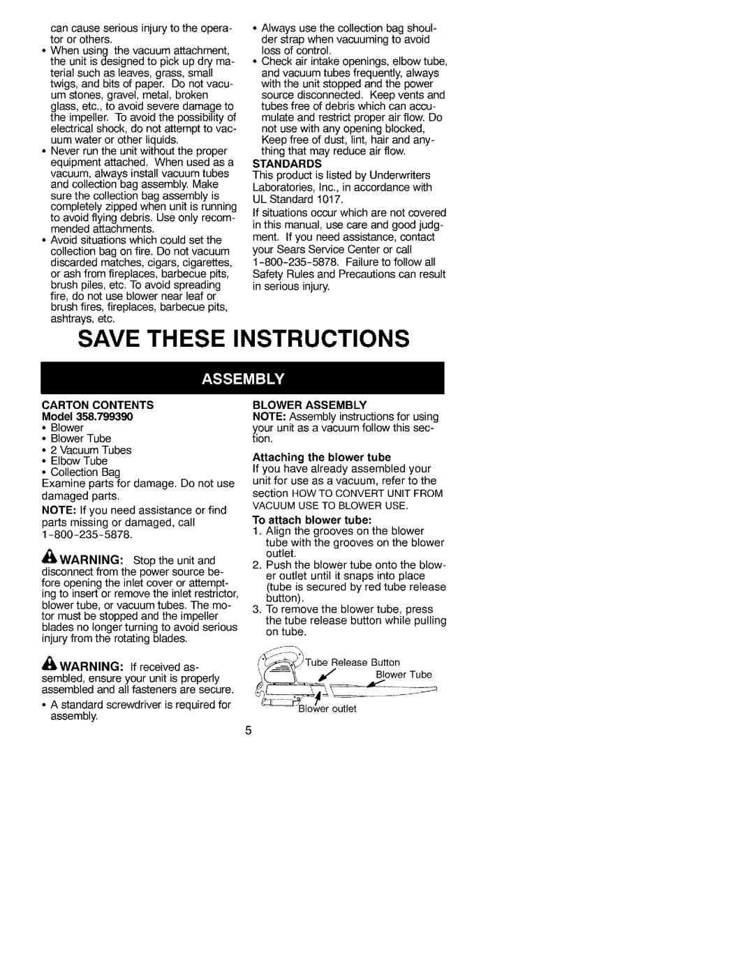 Craftsman 79939 manual Save These Instructions 