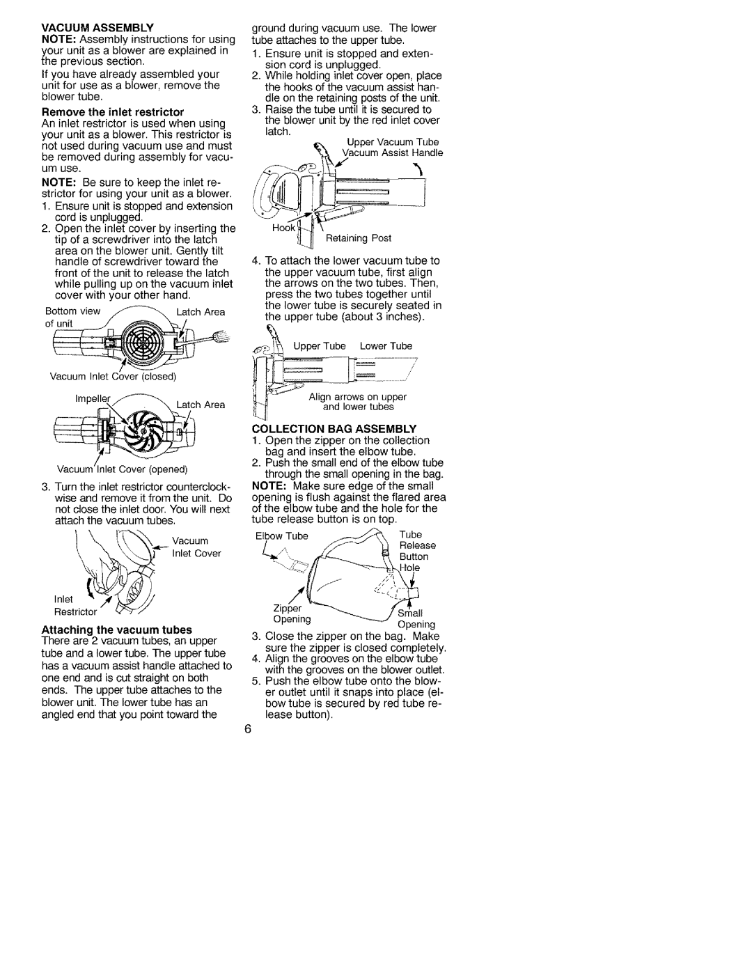 Craftsman 358.799400 instruction manual Vacuum Assembly, Collection BAG Assembly 