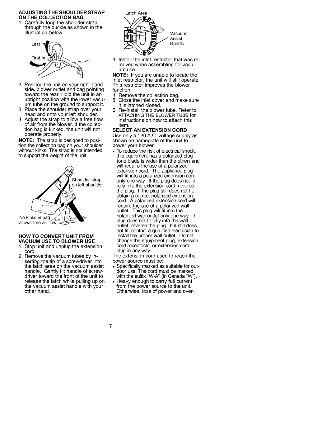 Craftsman 358.799400 Adjusting the Shoulder Strap on the Collection BAG, HOW to Convert Unit from Vacuum USE to Blower USE 