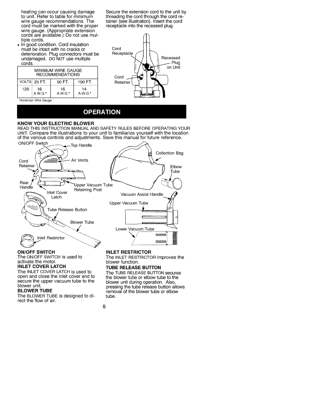 Craftsman 358.799400 Know Your Electric Blower, ON/OFF Switch, Inlet Cover Latch, Blower Tube, Inlet Restrictor 