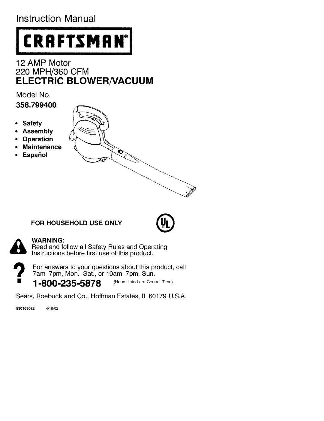 Craftsman 358.799400 instruction manual Icrrftsmrnj, AMP Motor 220 MPH/360 CFM, Electric Blowernacuum 