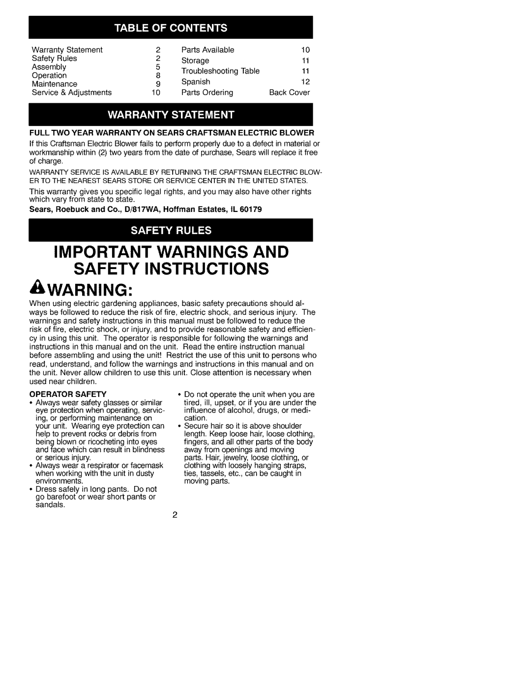 Craftsman 358.799400 instruction manual Important Warnings And Safety Instructions, Operator Safety 