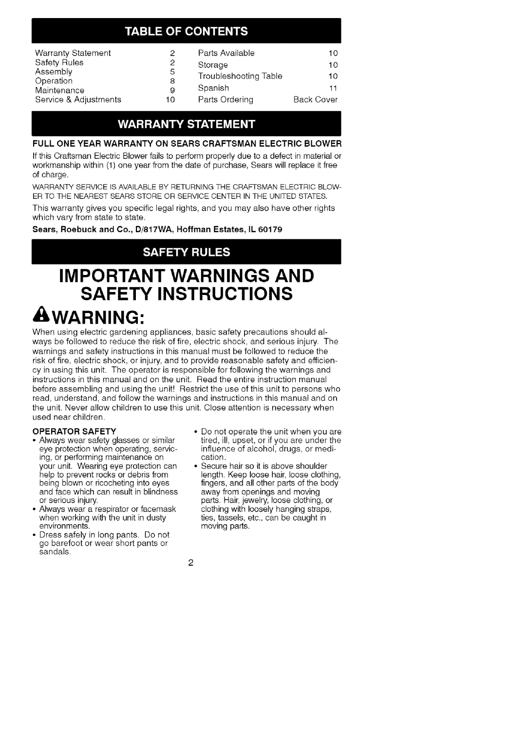 Craftsman 358.799430 manual Full ONE Year Warranty on Sears Craftsman Electric Blower, Operator Safety 