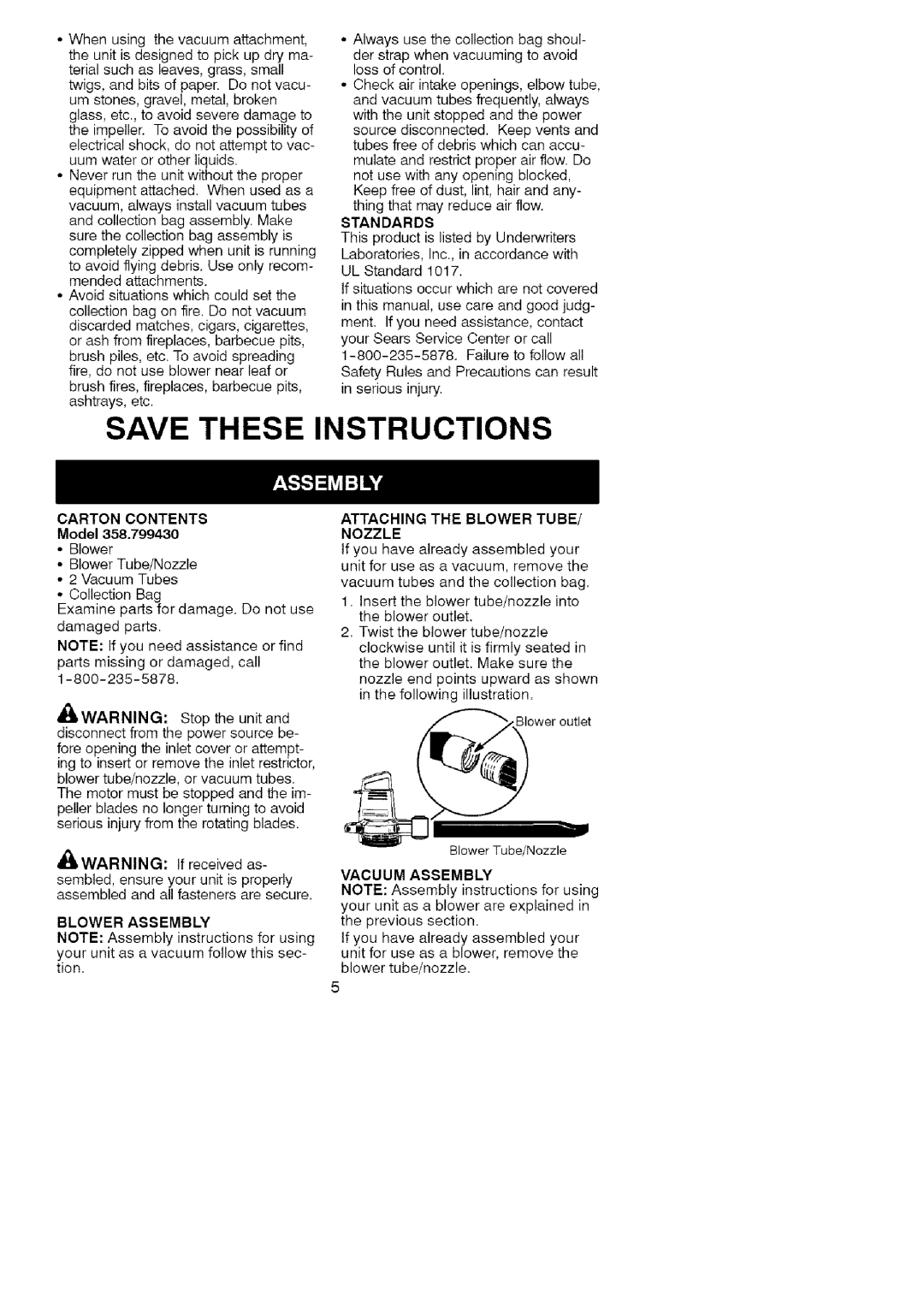 Craftsman 358.799430 manual Uumwaterorotherliquids. mulateandrestrictproperairflowDo, Carton Contents, Blower Assembly 