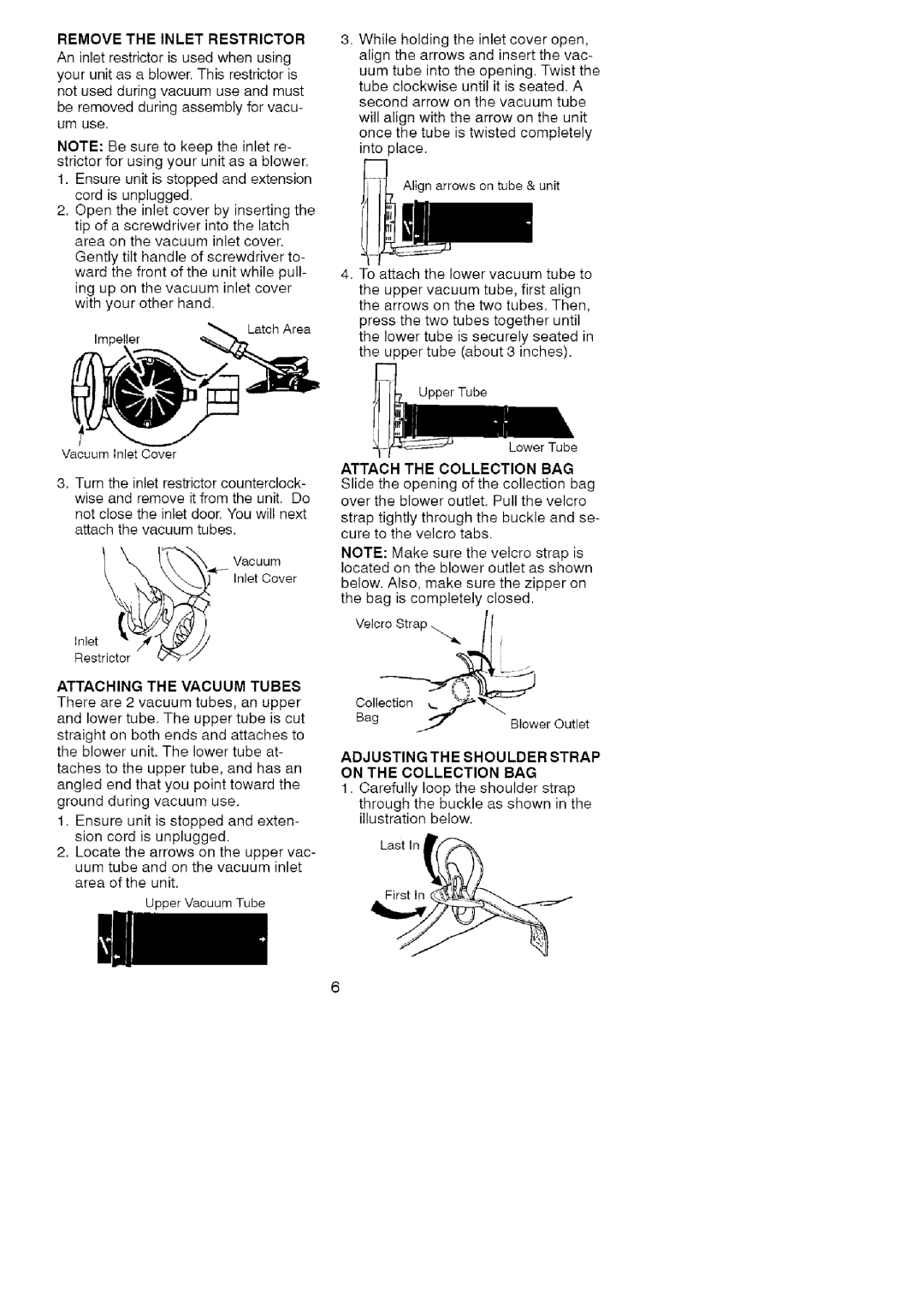 Craftsman 358.799430 manual Umuse, Withyourotherhand, LatchArea, Impeller, VacuumInletCover, Attachthevacuumtubes 