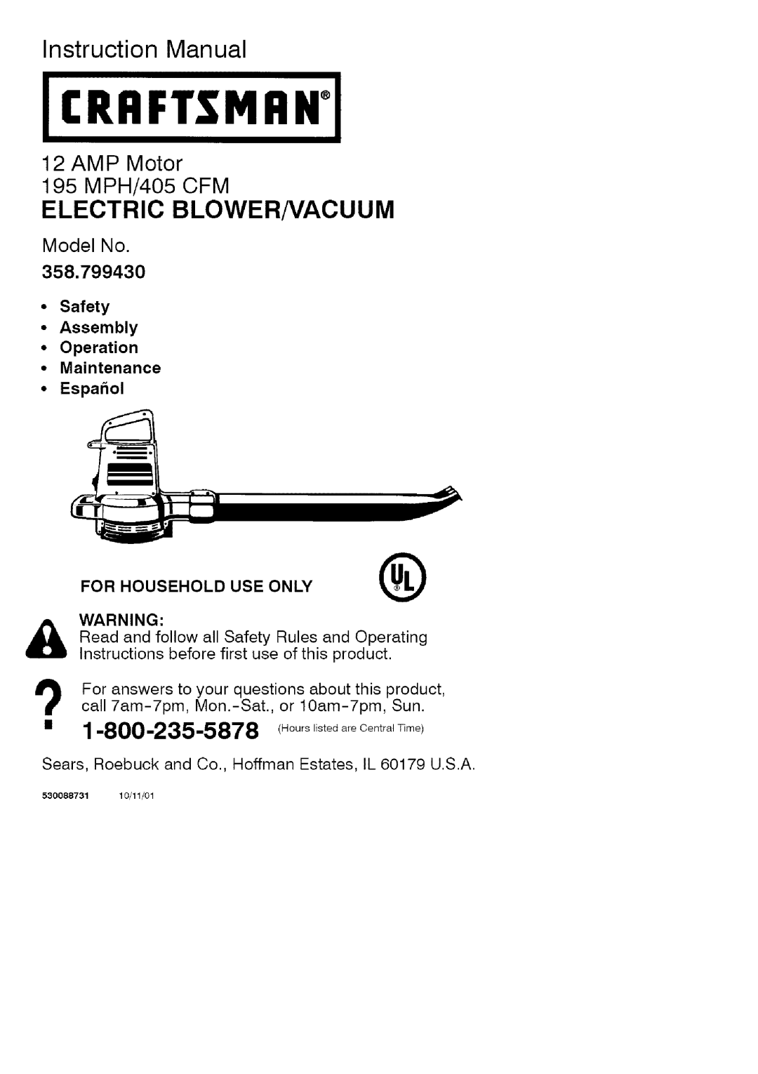 Craftsman 358.799430 manual ICRRFTgMRNI, Electric Blowernacuum, Safety Assembly Operation Maintenance 