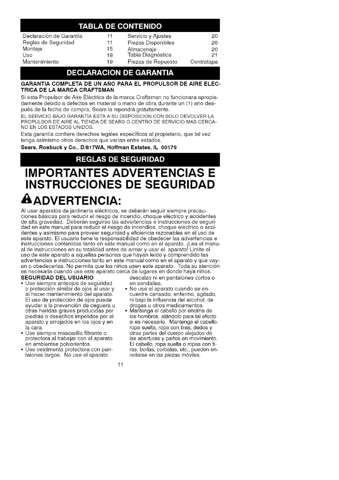 Craftsman 358.799430 manual Advertencia, Trica De La Marca Craftsman, Seguridad, Del Usuario 