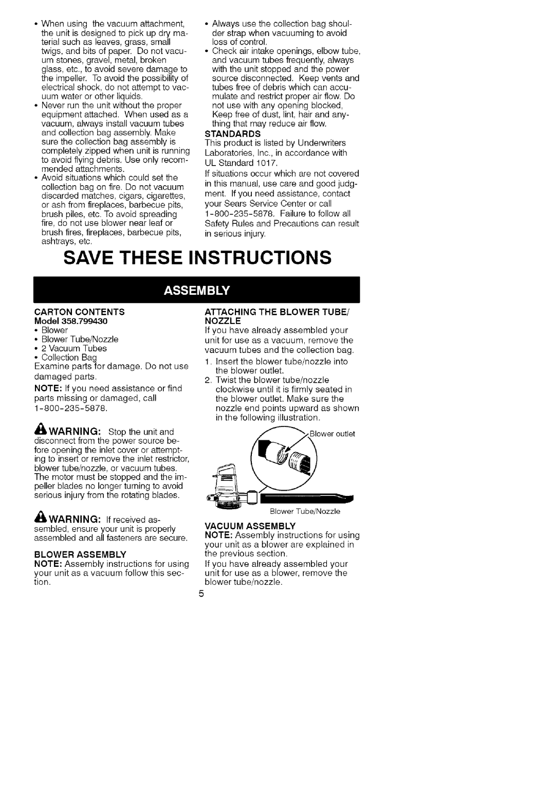 Craftsman 358.799430 Save These Instructions, CARTON CONTENTS Model, Blower Assembly, Attaching The Blower Tube/ Nozzle 