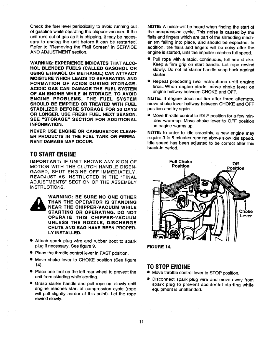 Craftsman 79964 manual To Startengine, To Stop Engine, Full Choke Off Position Lever 