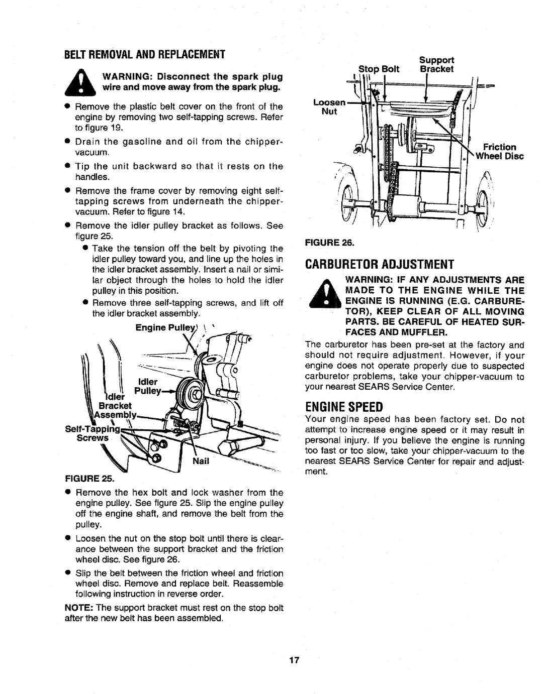 Craftsman 79964 manual Enginespeed, Carburetoradjustment, Eng Bracket Self-Tapping Screws Nail, Support Stop Bolt Bracket 