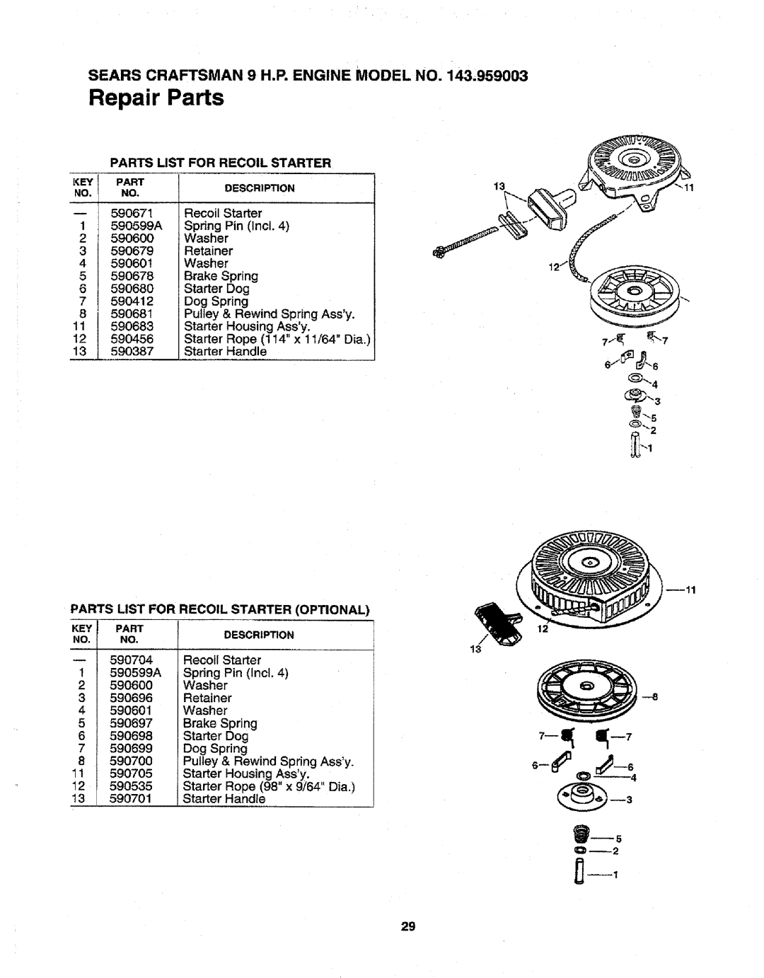 Craftsman 79964 manual 590681, Parts List for Recoil Starter Optional, Starter Rope 98 x 9/64 Dia, Handle 