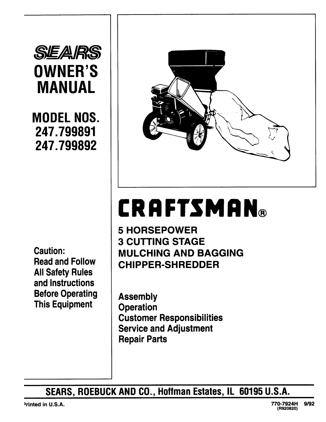 Craftsman 247.799892, 247.799891, 247.799890 manual Crrftsmrn, Rinted in U.S.A 770-7924H 