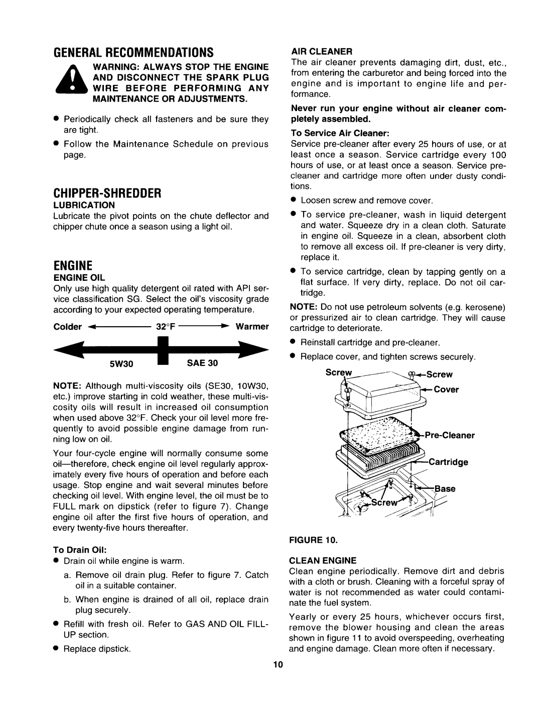 Craftsman 247.799891, 247.799892, 247.799890 manual Generalrecommendations, Chipper-Shredder, Engine 