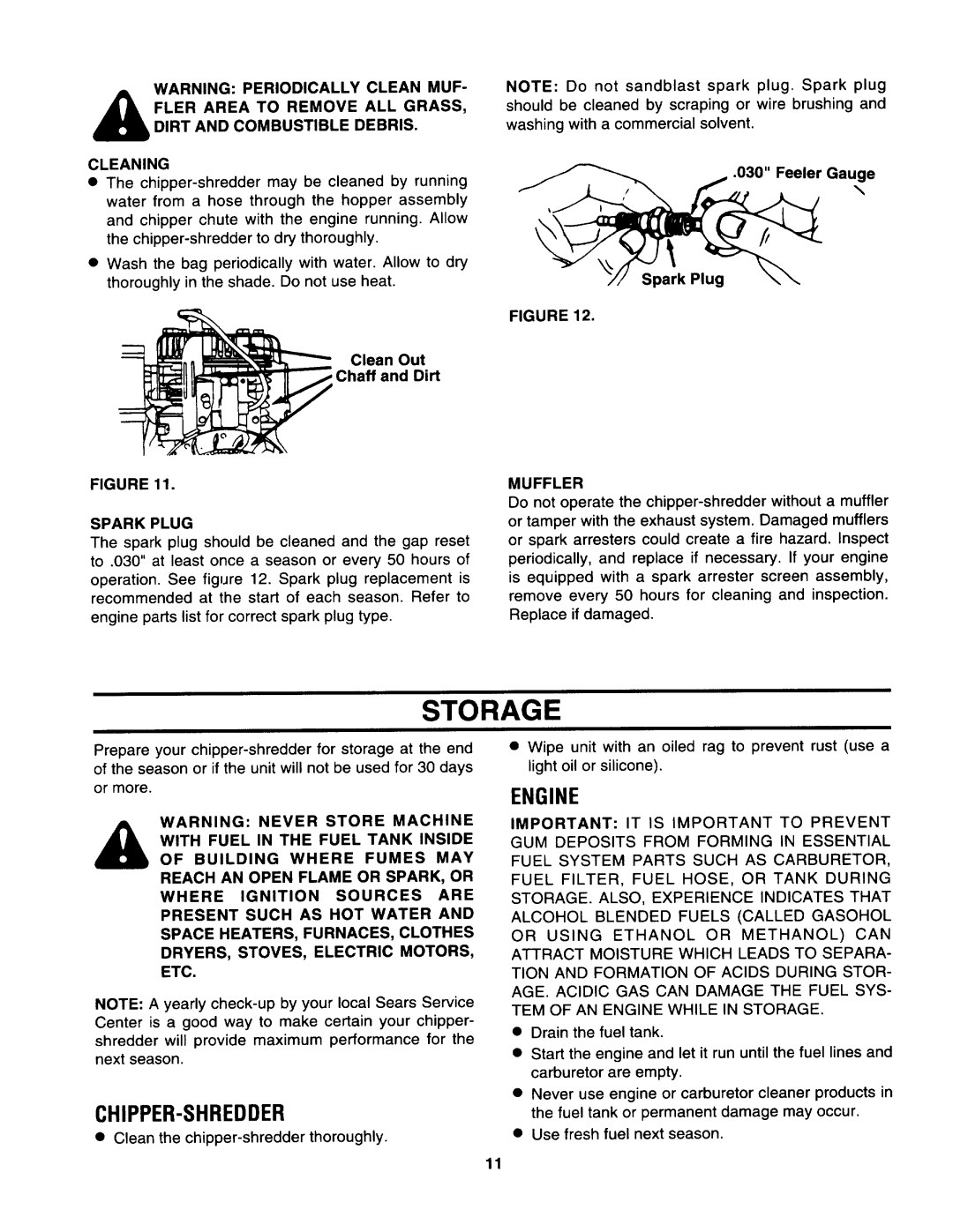 Craftsman 247.799890, 247.799892, 247.799891 manual Storage, Cleaning, Spark Plug, Muffler 