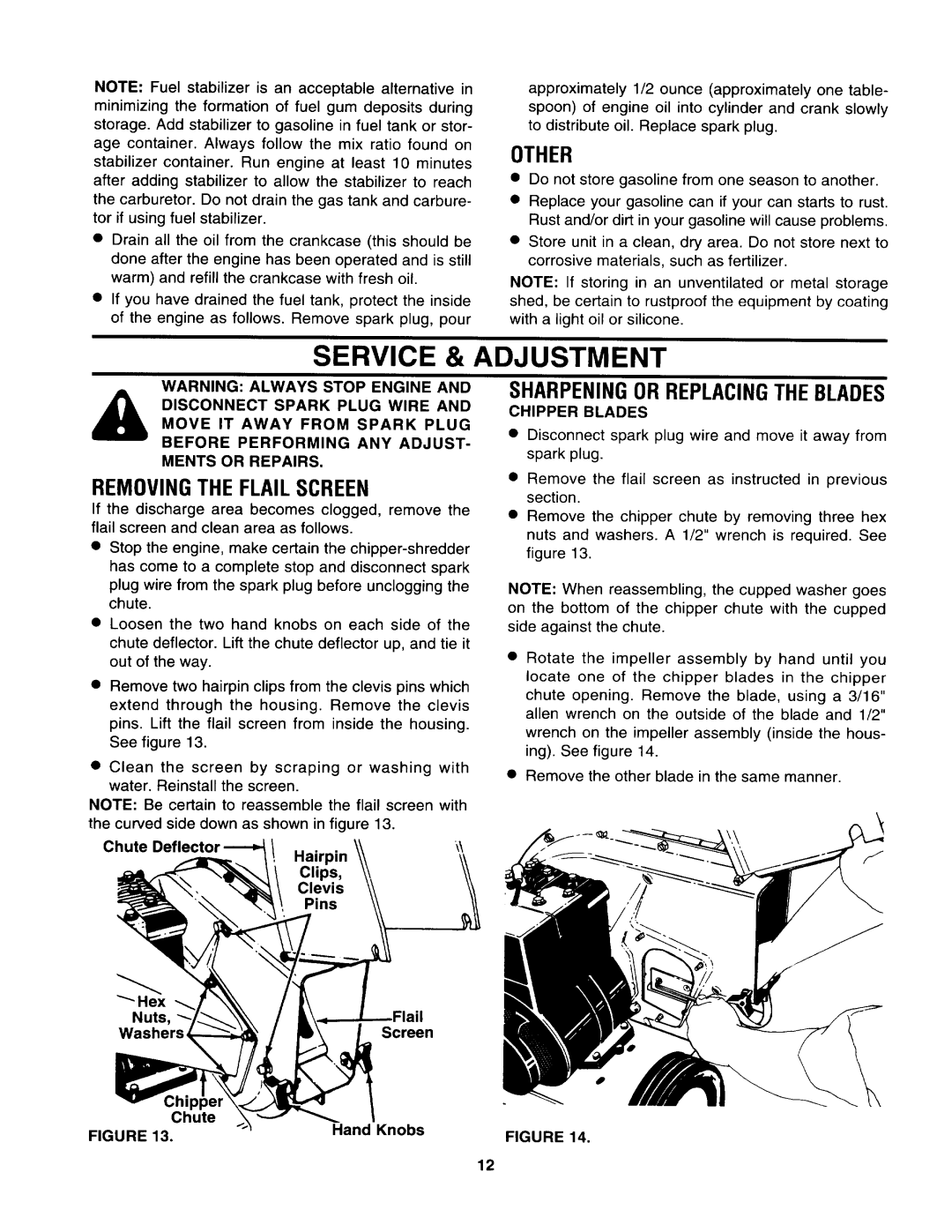 Craftsman 247.799892, 247.799891 manual Service & Adjustment, Other, Sharpeningor Replacingthe Blades, Chipper Blades 