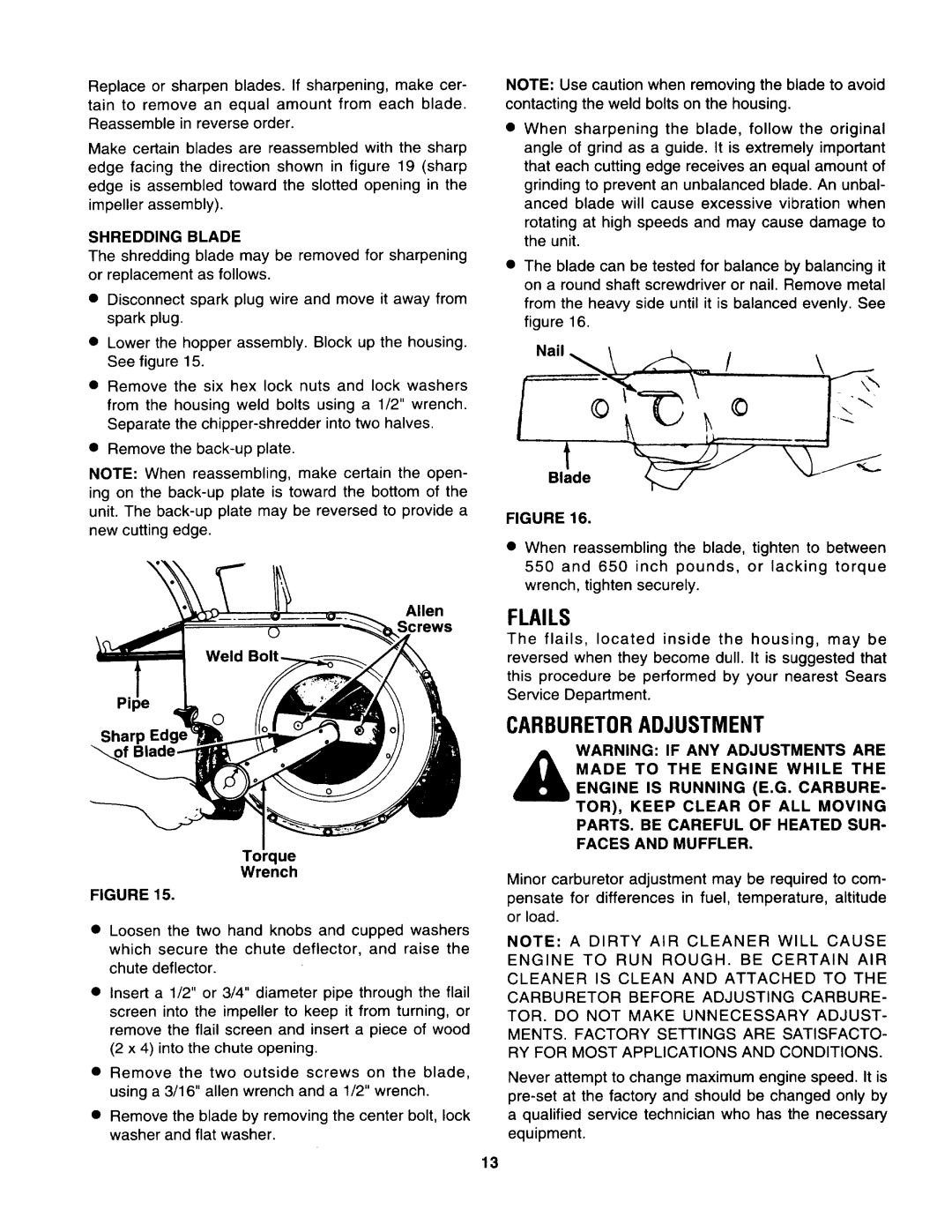 Craftsman 247.799892 manual Flails, Carburetoradjustment, Shredding Blade, Allen Screws Pil Sharp Edge Torque Wrench, Bl!de 