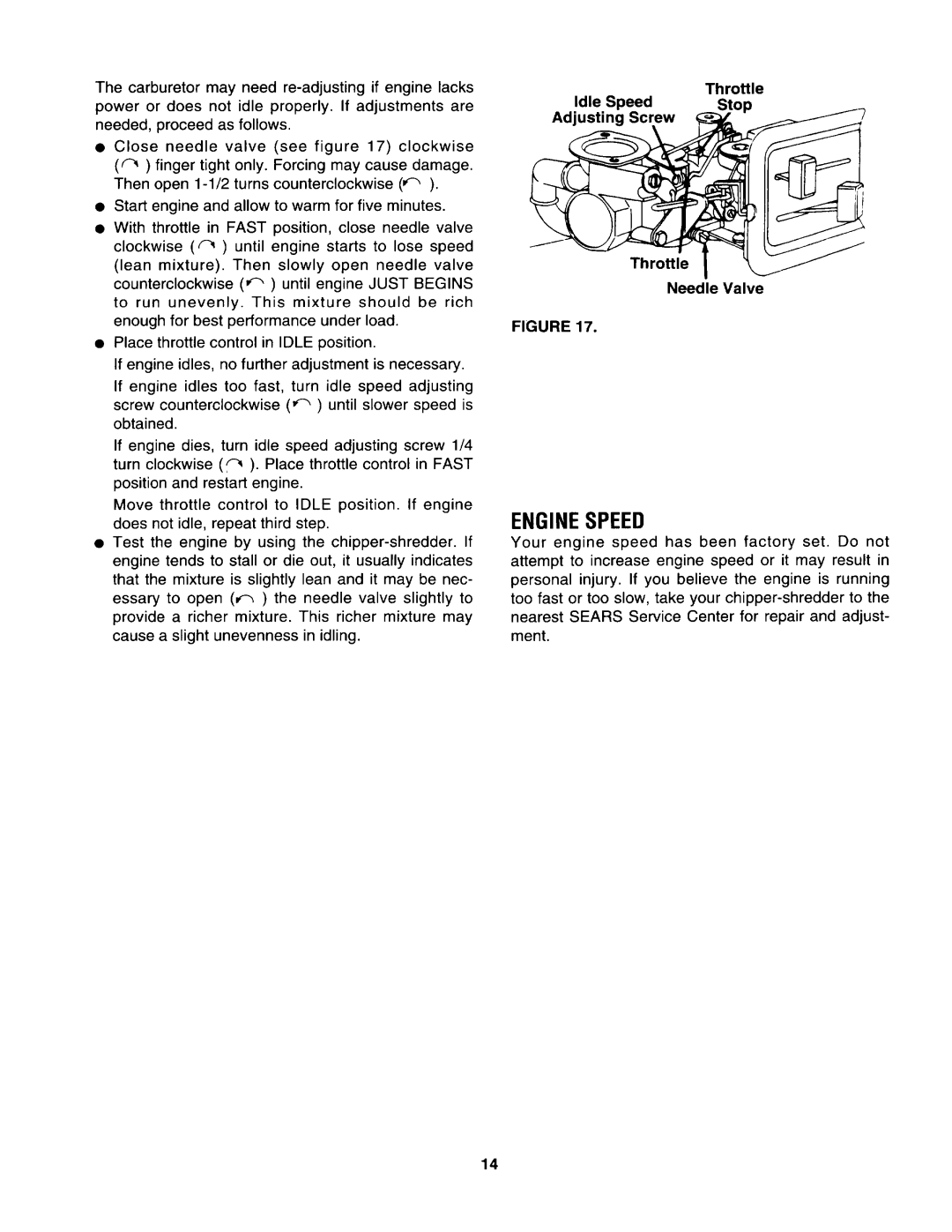 Craftsman 247.799891, 247.799892, 247.799890 manual Enginespeed, Throttle Idle Speed Ustin, Needle Valve 