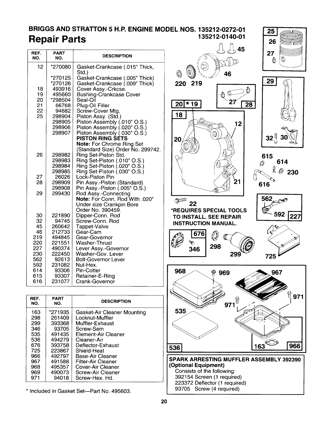 Craftsman 79989 manual Piston Ring Sets, Requires Special Tools, To INSTALL. see Repair, Spark Arresting Muffler Assembly 