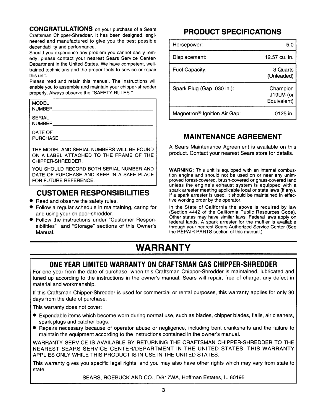 Craftsman 247.799890, 247.799892 manual Warranty, Customer Responsibilities, Product Specifications, Maintenance Agreement 