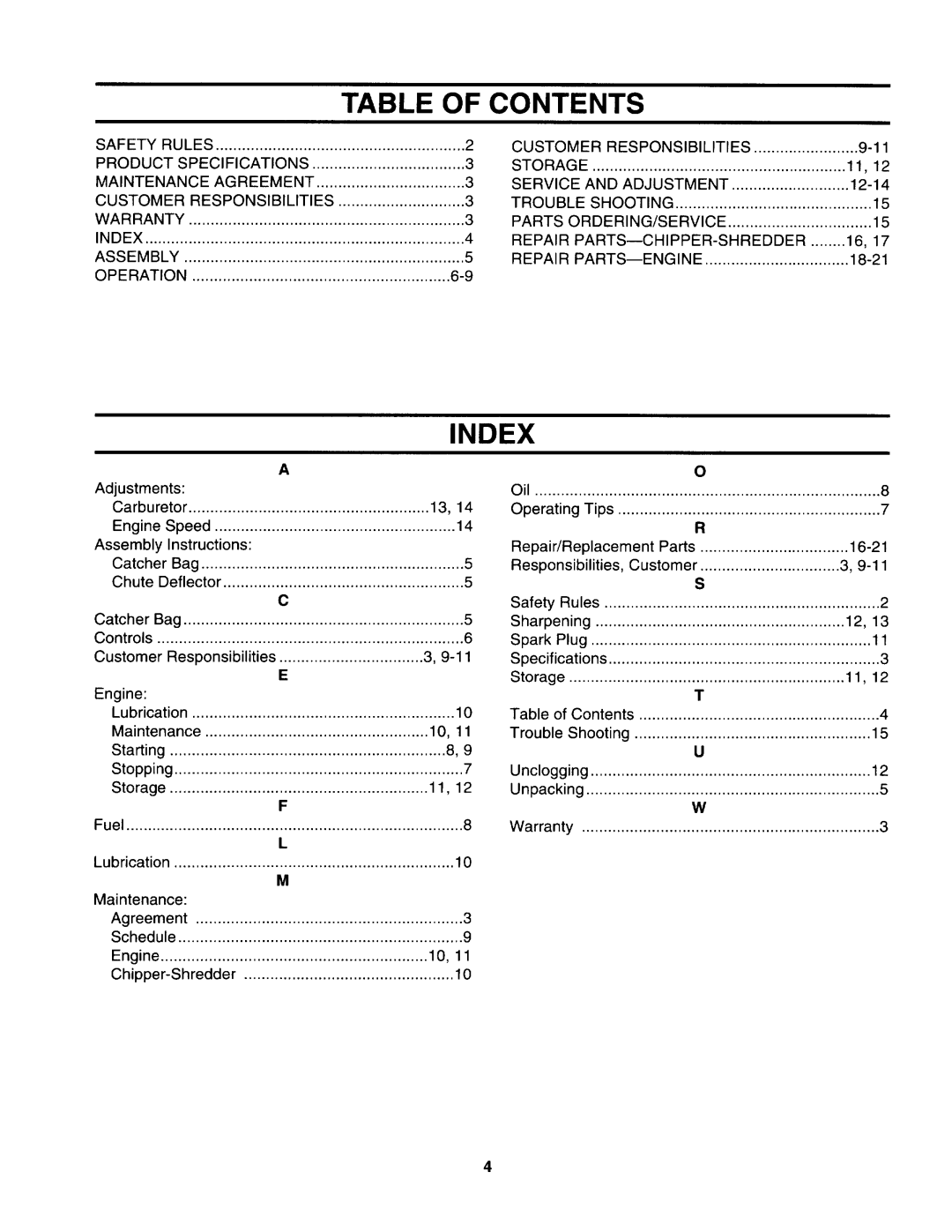 Craftsman 247.799892, 247.799891, 247.799890 manual Table of Contents, Index 