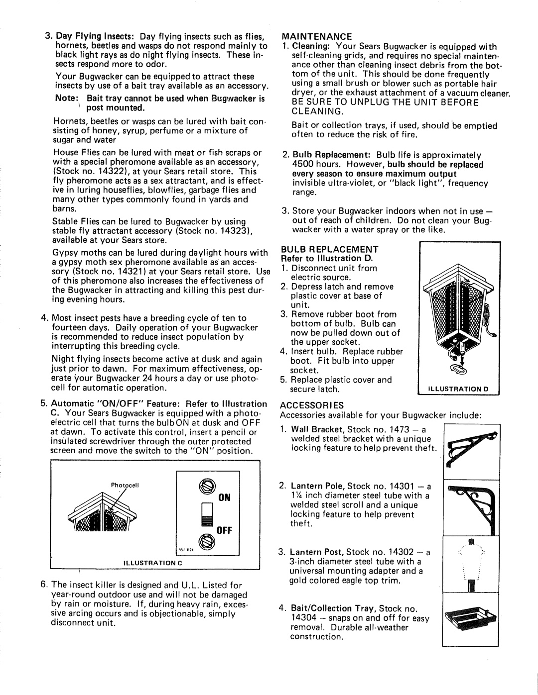 Craftsman 833.14334 Maintenance, Be Sure to Unplug the Unit Before Cleaning, Bulb Replacement, Refer to Illustration D 