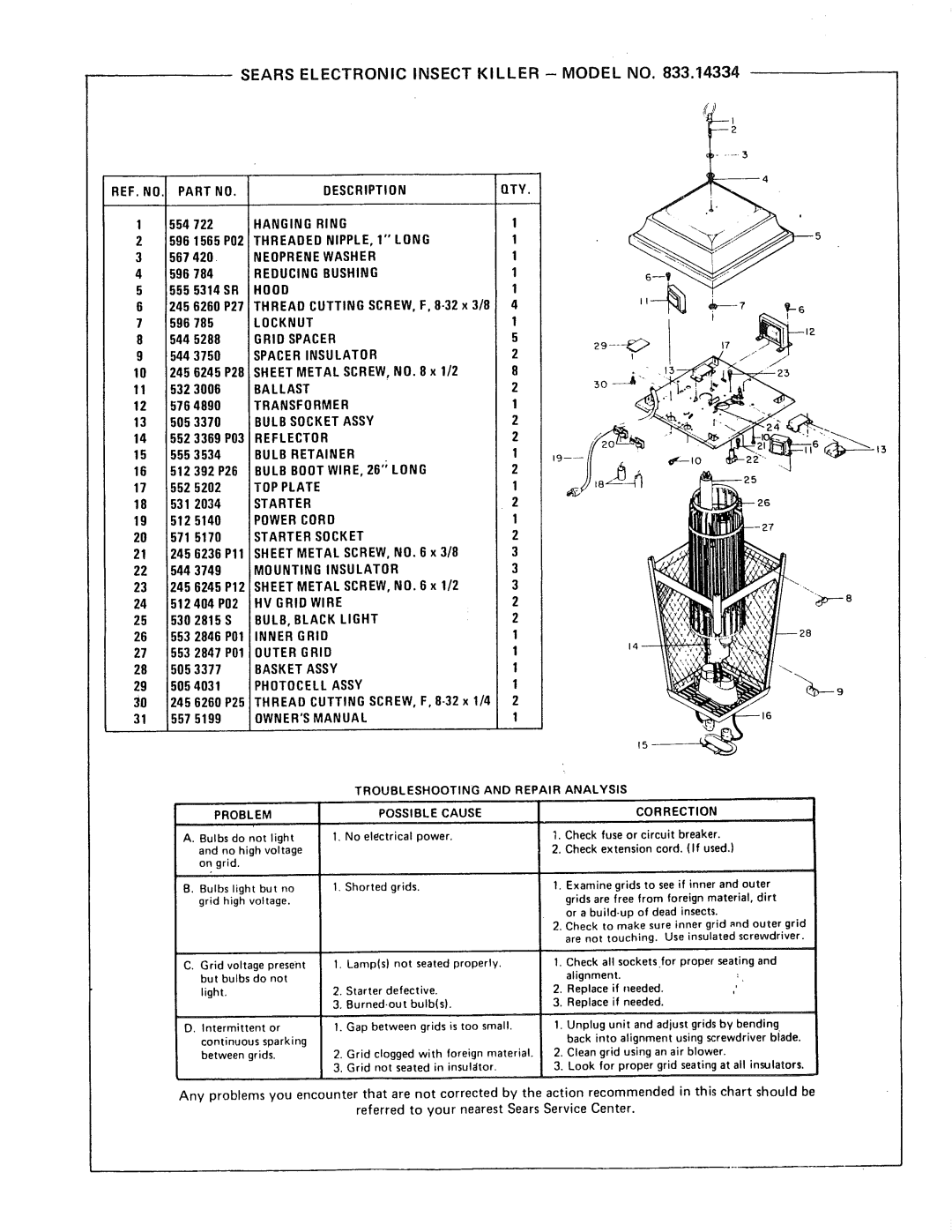 Craftsman 557-5199, 833.14334 owner manual Searselectronicinsect Killer Model no, 31 557 