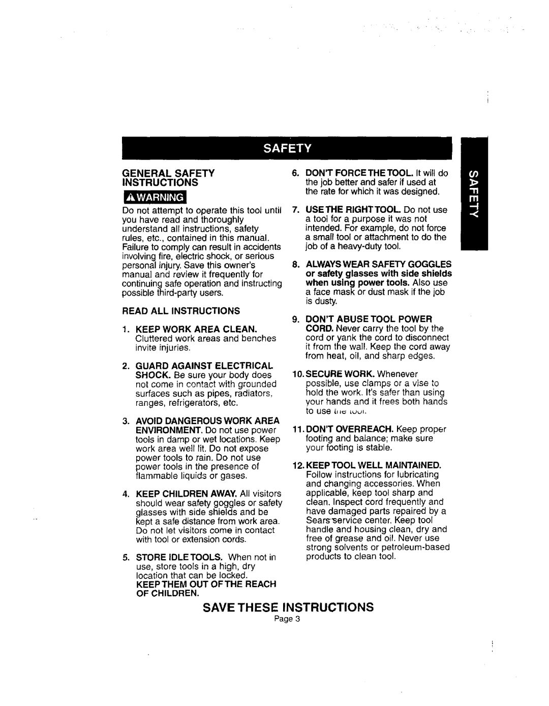 Craftsman 836.27233 General Safety Instructions Read ALL Instructions, Guard Against Electrical, Avoid Dangerouswork Area 