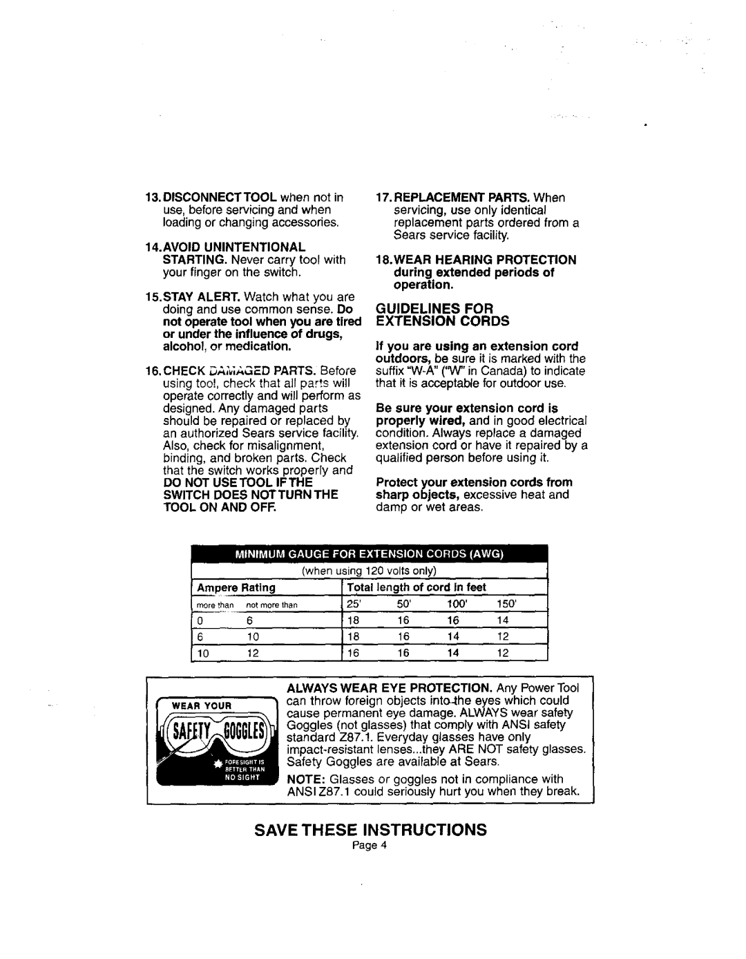 Craftsman 836.27233 owner manual Avoid Unintentional, Wear Hearing Protection, Guidelines for Extension Cords 