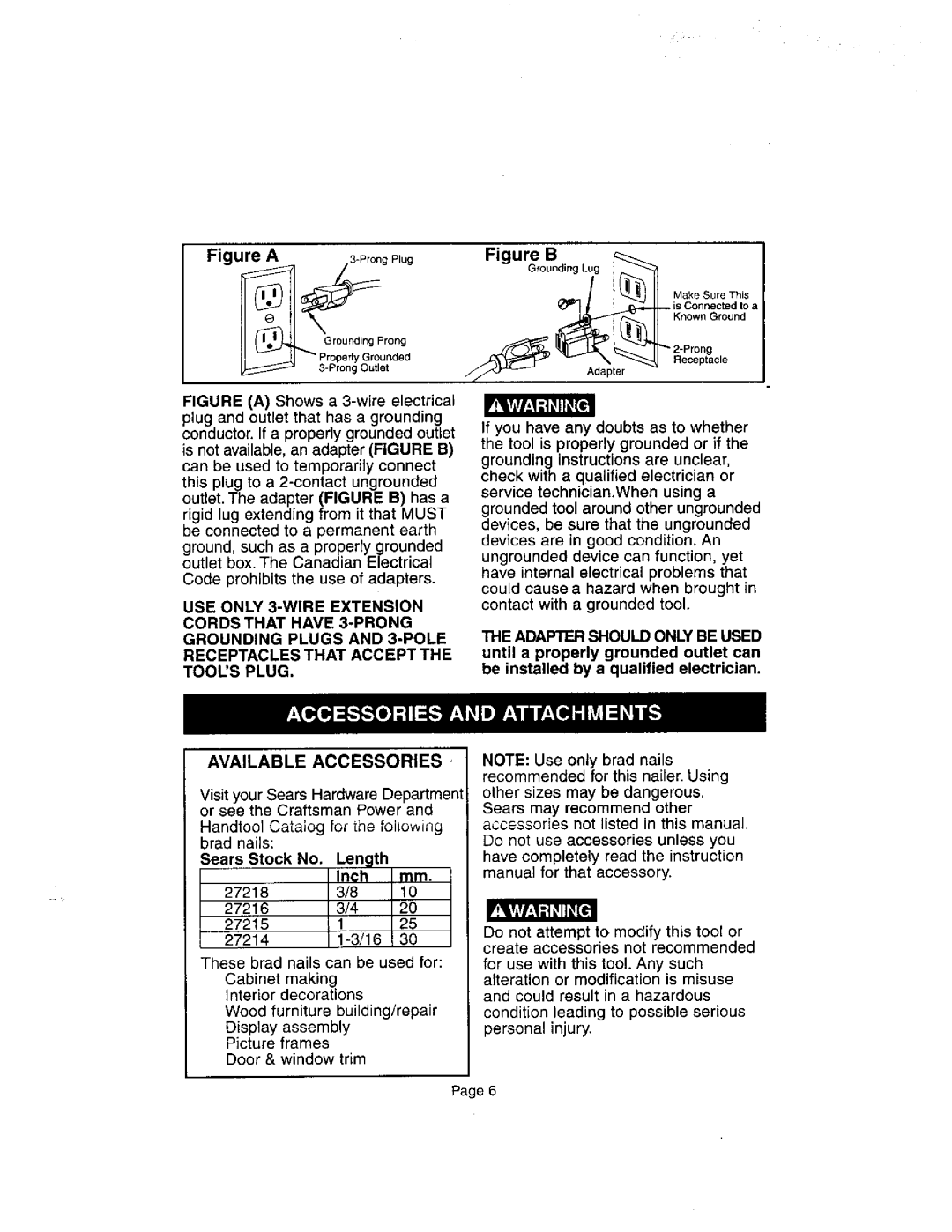 Craftsman 836.27233 owner manual Sears Stock No Lem Inh, Adapter should only be Used 