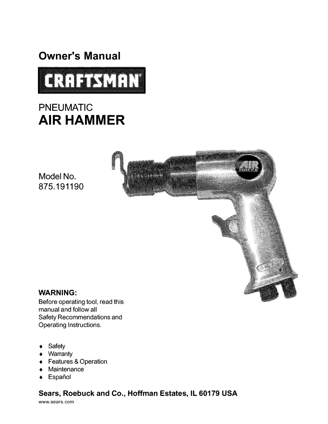 Craftsman 875.19119 owner manual AIR Hammer, Sears, Roebuck and Co., Hoffman Estates, IL 60179 USA 