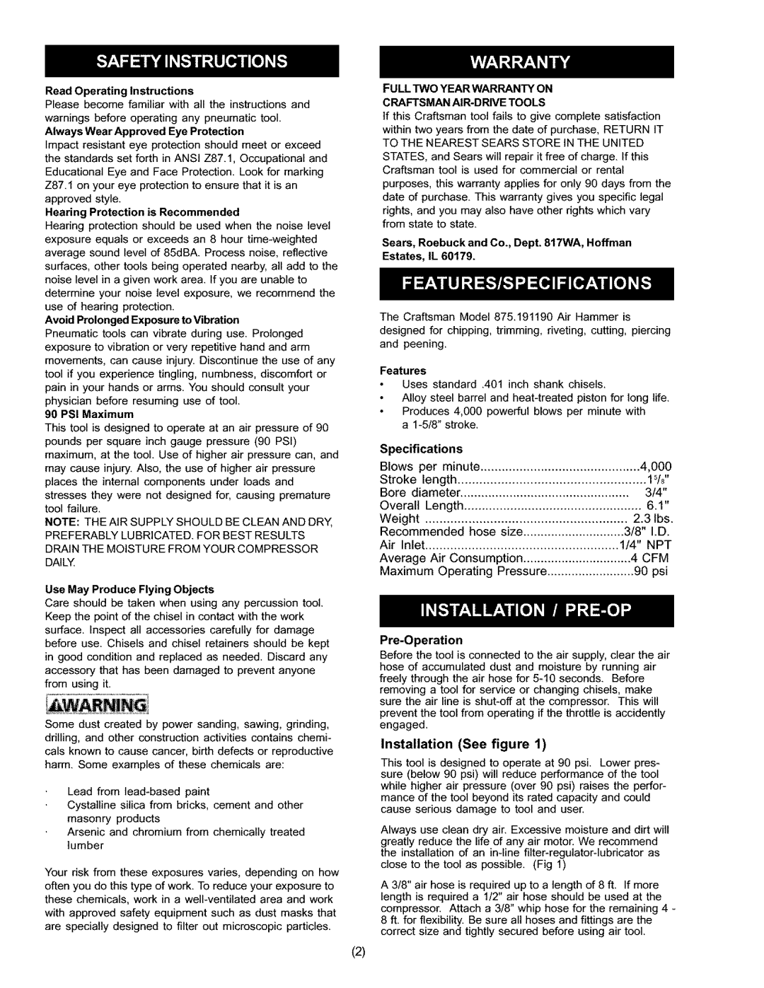 Craftsman 875.19119 owner manual Specifications, 000, Installation See figure 