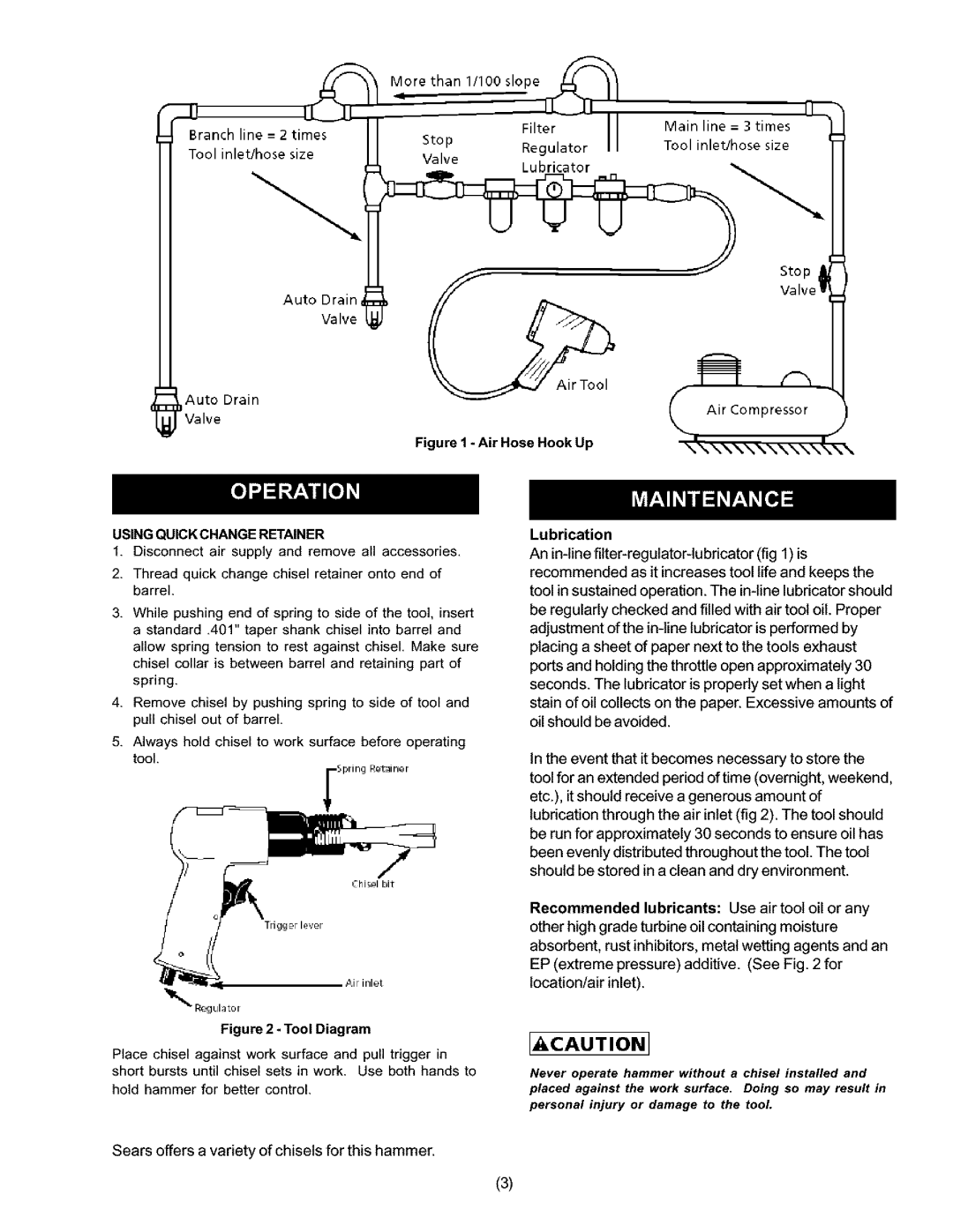 Craftsman 875.19119 owner manual Lubrication, Air Hose Hook Up 