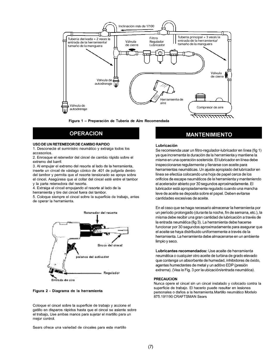 Craftsman 875.19119 owner manual USO DE UN Retenedor DE Cambio Rapido 