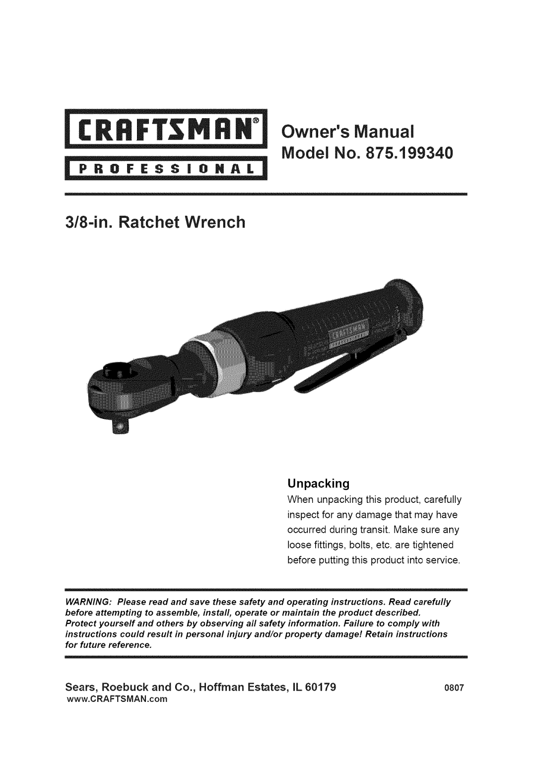 Craftsman 875.19934 owner manual OwnersManual Model No, 3/8-in. Ratchet Wrench, Unpacking 