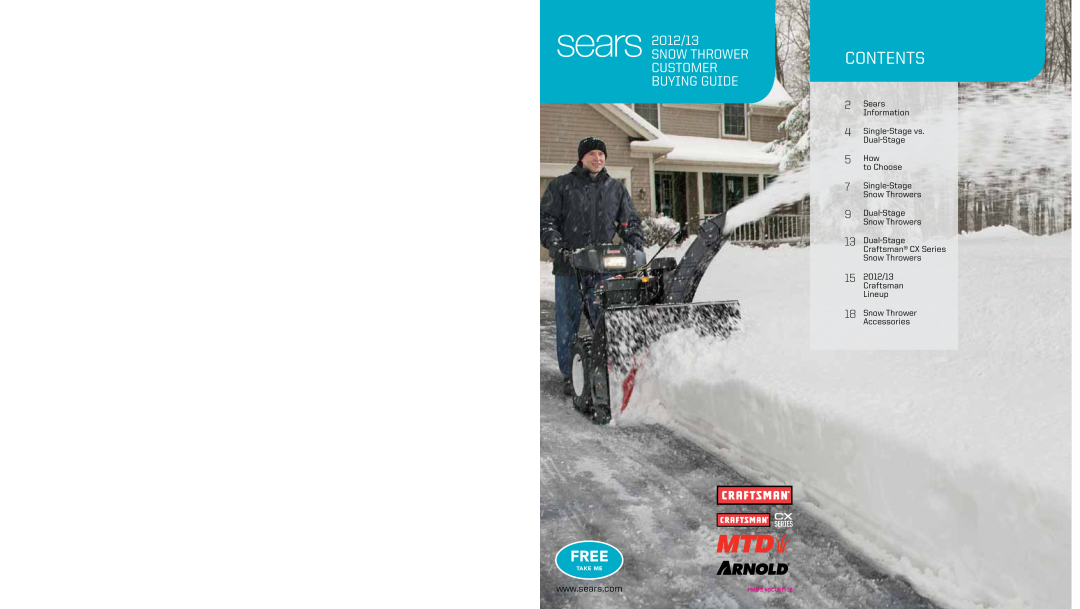 Craftsman 88782 manual Contents, Free, 2012/13 Snow thrower Customer BUYING GUIDE, 9Dual-StageSnow Throwers, Take Me 