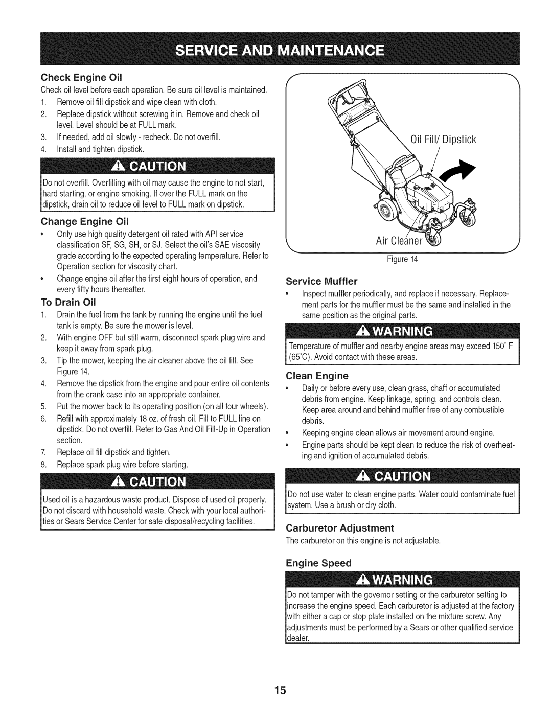 Craftsman 247.887210 manual Oil Fill/Dipstick, Air, Installandtightendipstick, Change Engine Oil, Clean Engine 