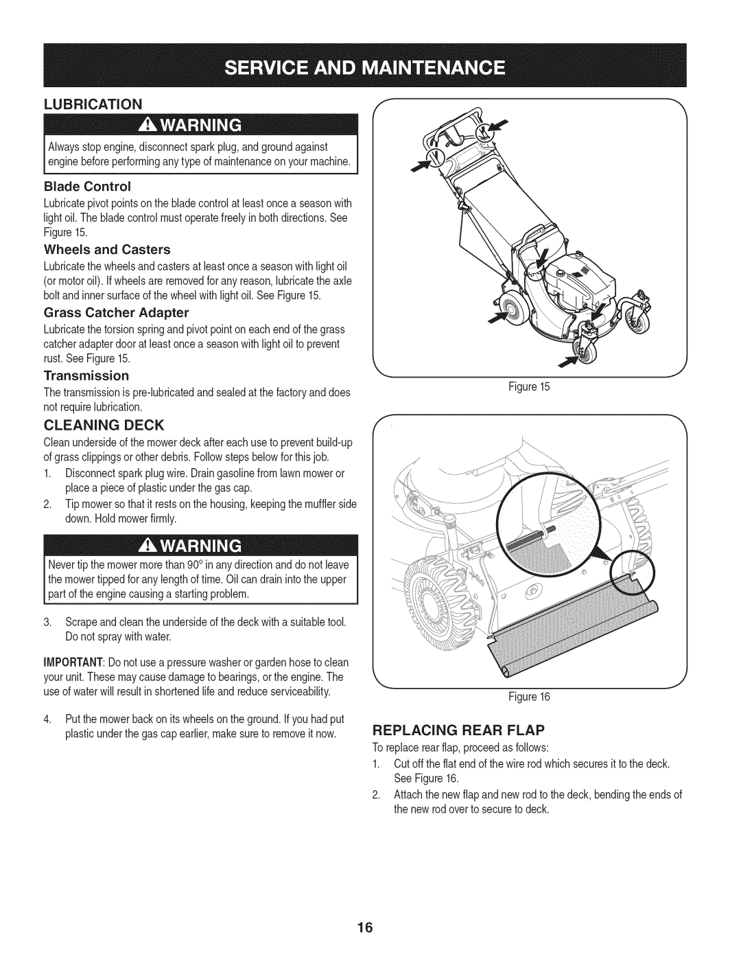 Craftsman 247.887210 manual LUBRiCATiON, Cleaning Deck, Replacing Rear Flap, Disconnect, Transmission 