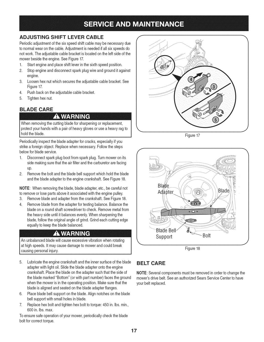 Craftsman 247.887210 manual Adjusting Shift Lever Cable, Blade Care, SupportBolt, Belt Care 