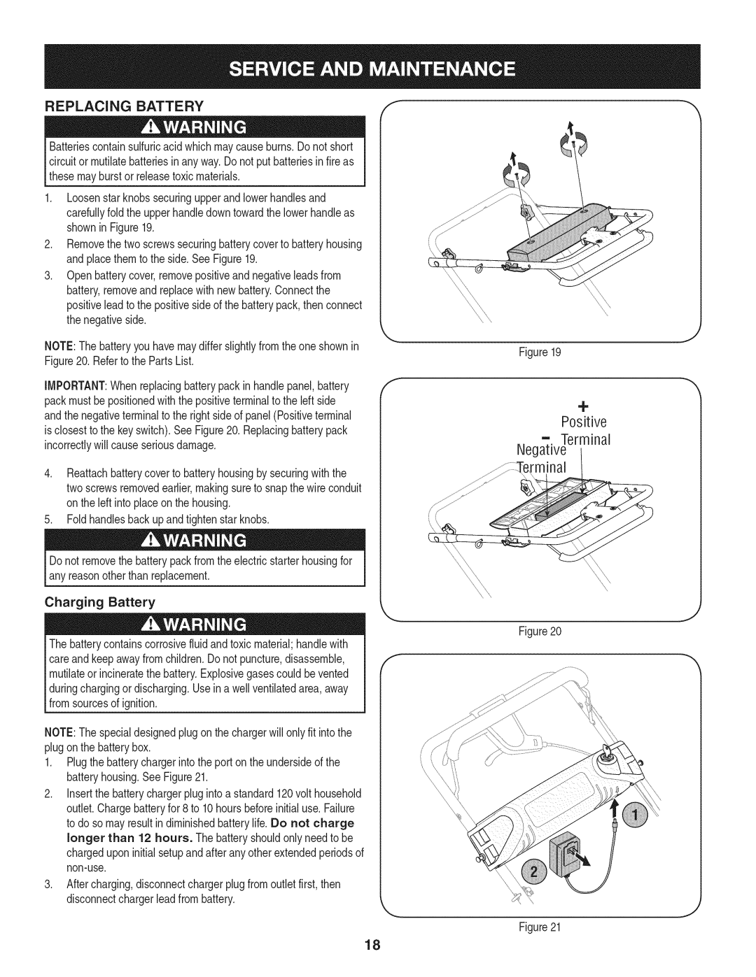 Craftsman 247.887210 manual Replacing Battery, Positive Terminal Negative Rminal 