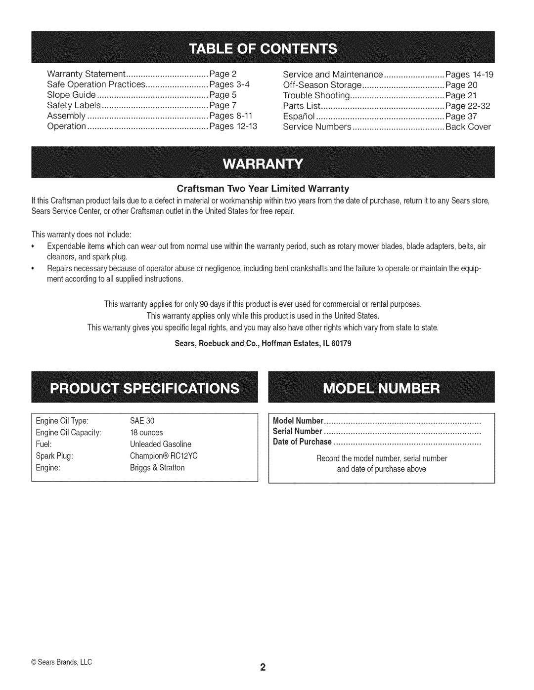 Craftsman 88721 manual ServiceandMaintenance, SafeOperationPractices, Off-SeasonStorage, TroubleShooting, ServiceNumbers 