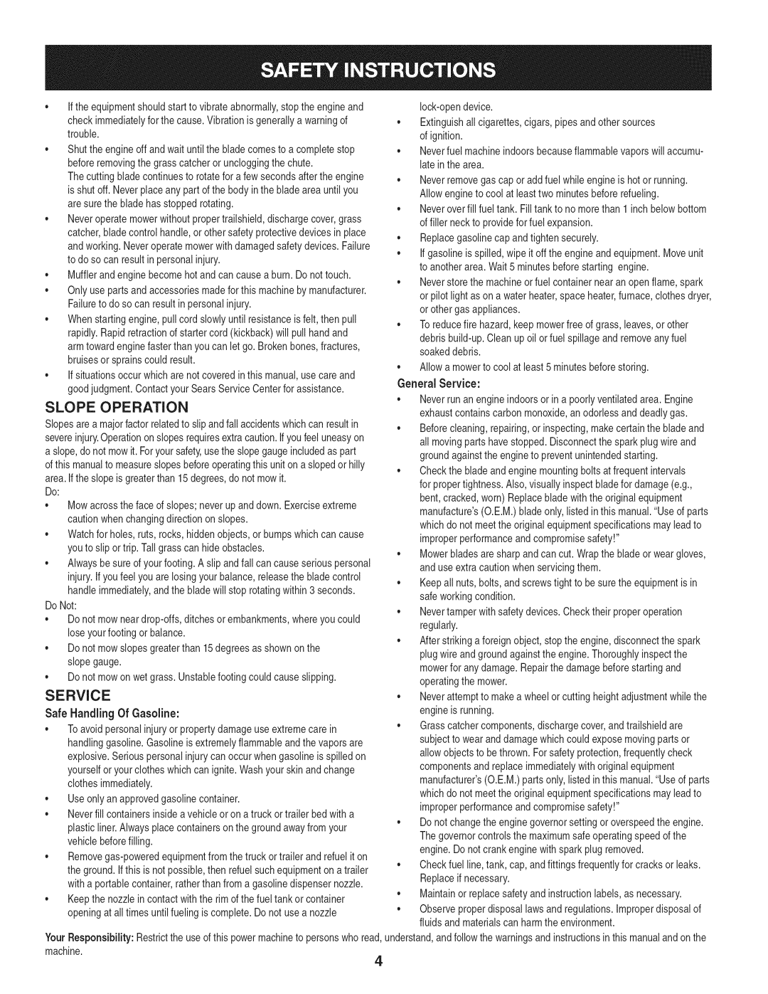 Craftsman 247.887210 manual Slope Operation, Service 