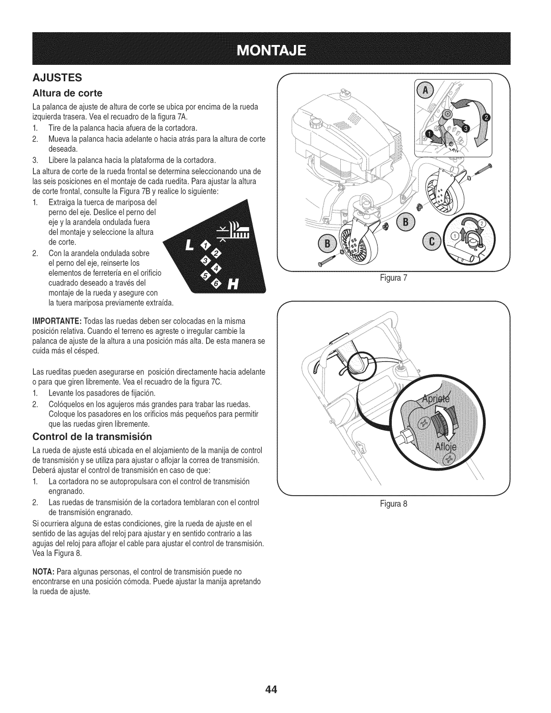 Craftsman 247.887210 manual Ajustes, AItura de torte, Control de la transmisi6n 