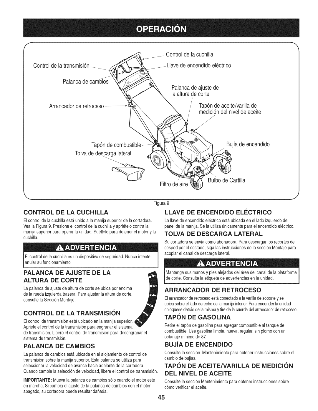 Craftsman 247.887210 manual Palanca DE Ajuste DE LA, Tapon DE ACEITE/VARILLA DE iVlEDICI6N, DEL Nivel DE Aceite 